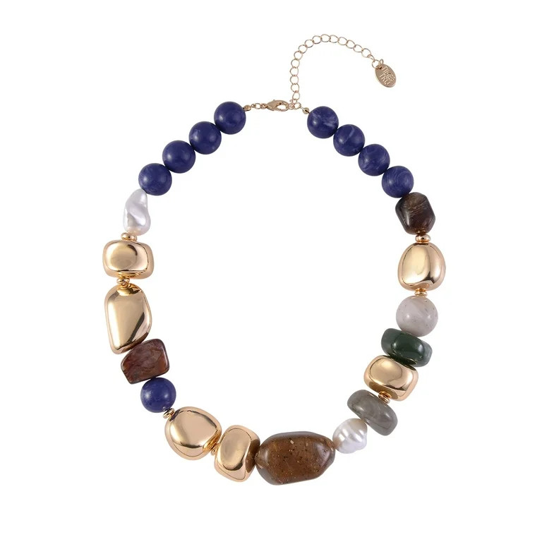 Time and Tru Women's Mixed Bead Wide Necklace, Blue, Brown and Gold-Tone | Walmart (US)