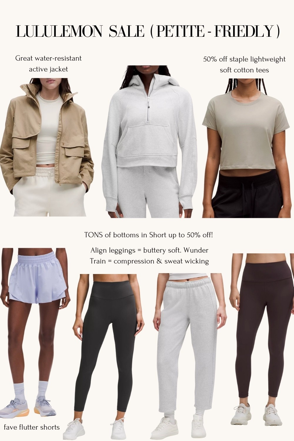 lululemon sale on items I own!
Sale items can be returned in store for credit if you have a free account. And free hemming on any leggings and pants  

• I have size 2 and 4 in the cates tee depending on how relaxed fit I want it. Great shorter length to pair with leggings and not hide your waist

• I’m usually XXs / 24 jeans in other brands and a size 2 in lululemon leggings and bottoms, usually 23” inseam. Sometimes 25” and free hemming in store  

• I have size 2 in the water resistant jacket 

• i am size size Xs / small in the scuba hoodies for an oversized but still shorter length fit 

• XXs to Xs in the ruffle flutter shorts depending on how snug 

#LTKPetite #LTKActive #LTKFindsUnder50