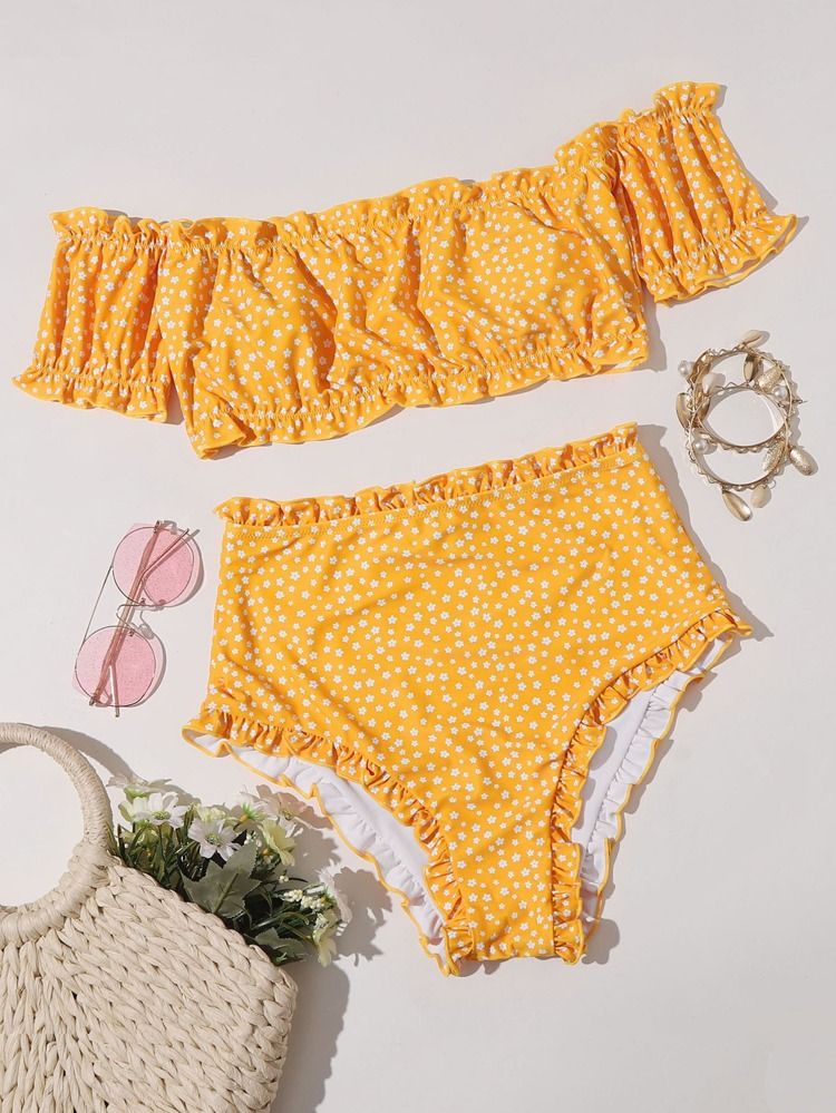 Ditsy Floral Frill Bardot Bikini Swimsuit | SHEIN