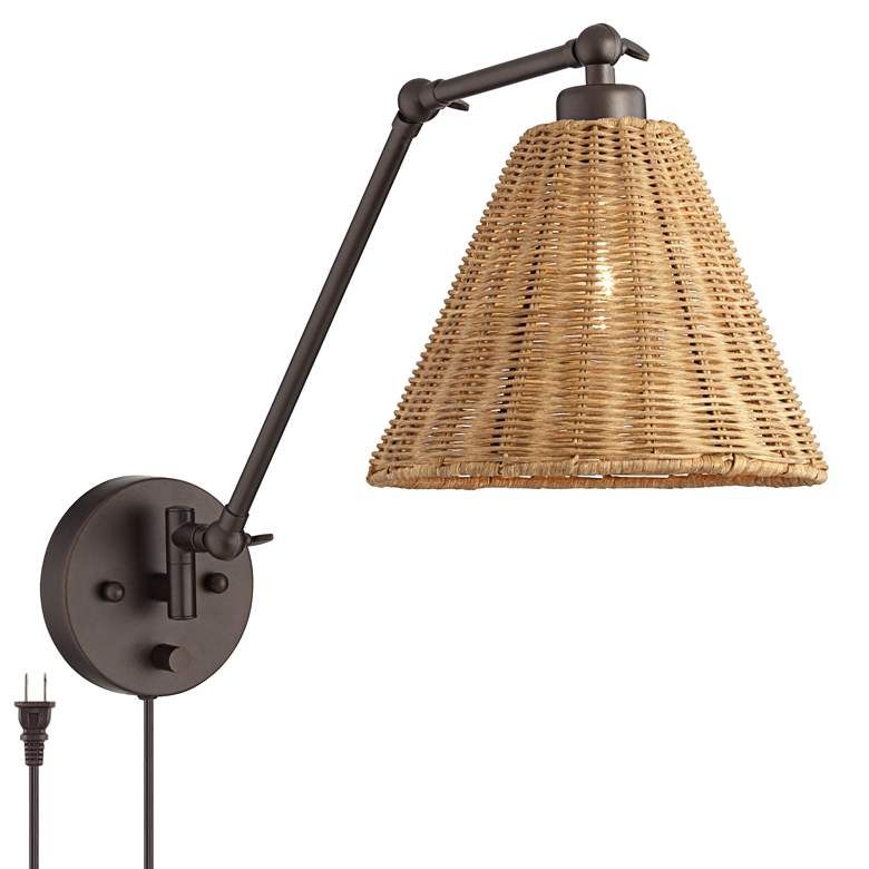 Rowlett Bronze Rattan Shade Plug-In Wall Lamp - #73P51 | Lamps Plus | LampsPlus.com