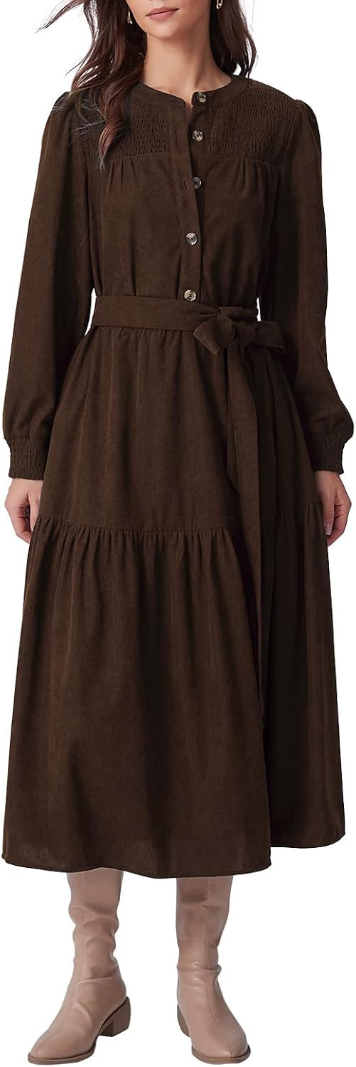 Women Corduroy Dress Long Sleeve Shift Dress Button Down Long Midi Dress | Amazon (US)