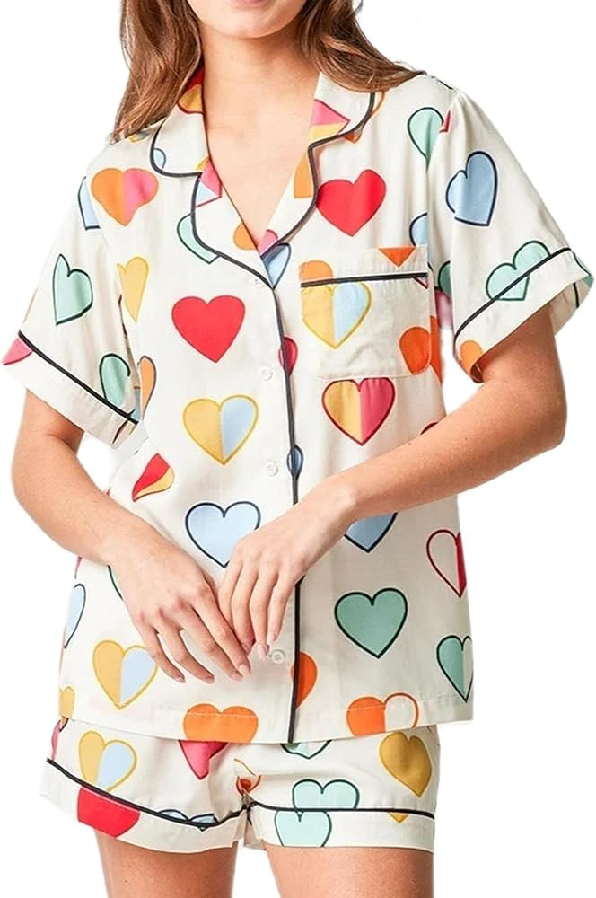 Women Cute Animal Print Pajama Set Short Sleeve Button Down Shirt Lounge Shorts Set Y2k Cartoon 2... | Amazon (US)