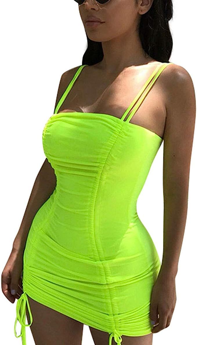 Amazon.com: LuFeng Women's Double Spaghetti Strap Ruched Bodycon Sexy Dresses Party Night Club Dr... | Amazon (US)