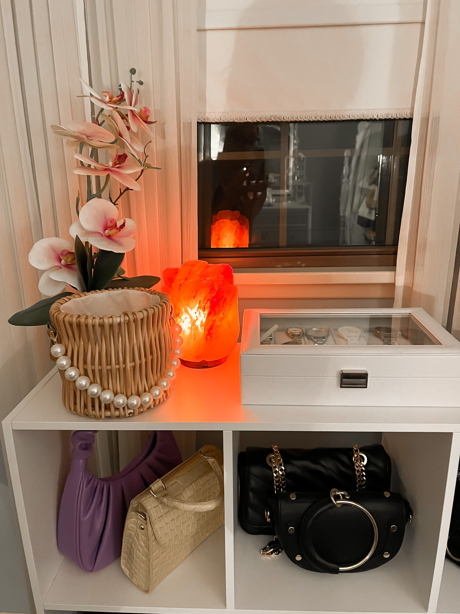 Flower pink Himalayan salt lamp - home organization - home storage - handbag organization - handbag display - watch storage - watch organization - watch display - faux pink orchids - straw bag - cloffice - home decor - Amazon Home - Amazon Finds 

#LTKunder50 #LTKunder100 #LTKhome