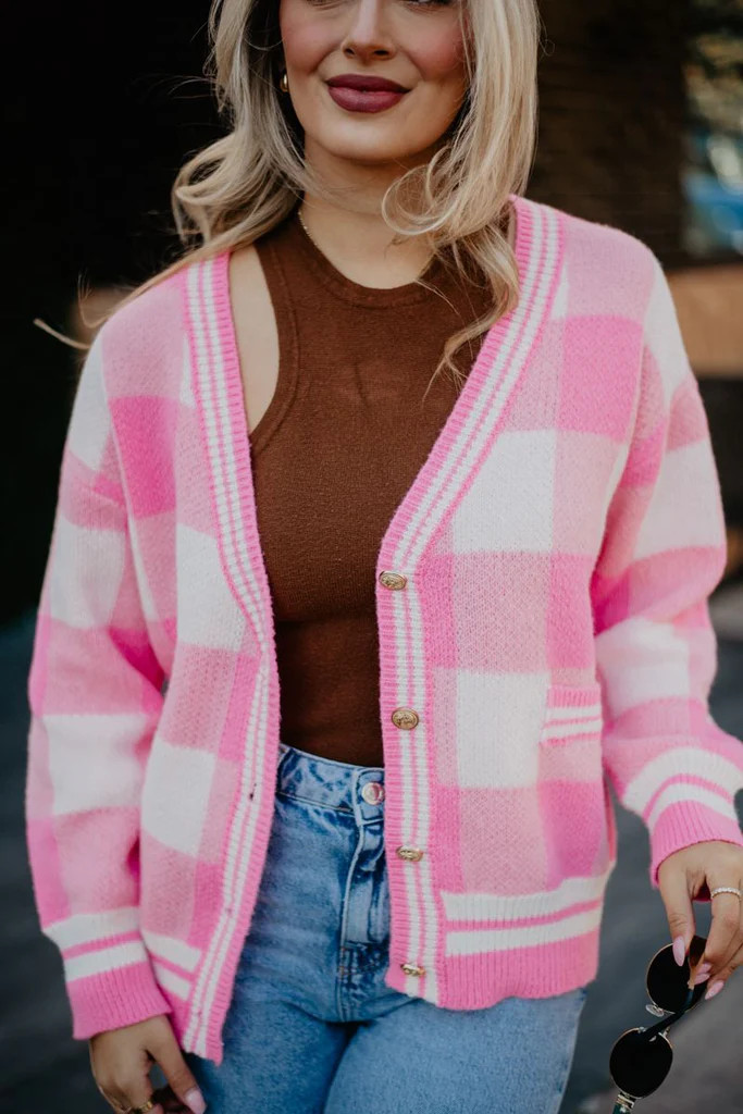 Plaid Gold Button Knitted Pink Cardigan | Katydid.com