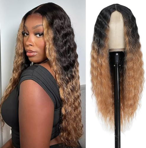 Long Curly Synthetic Hair Wig 28 Inch Ombre for Black Women - Honey Blonde Highlight Deep Wave Sk... | Amazon (US)