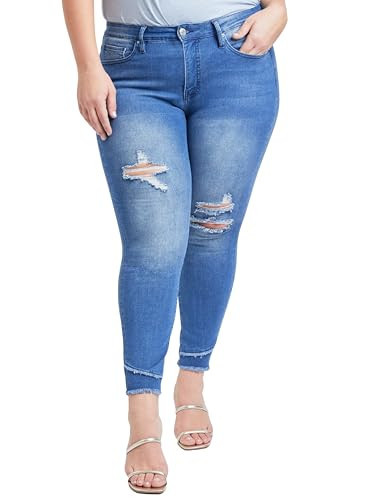 Royalty for Me Women's Plus Size Sustainable High Rise Skinny Ankle Jeans, M Medium Blue Rips, 16W | Amazon (US)