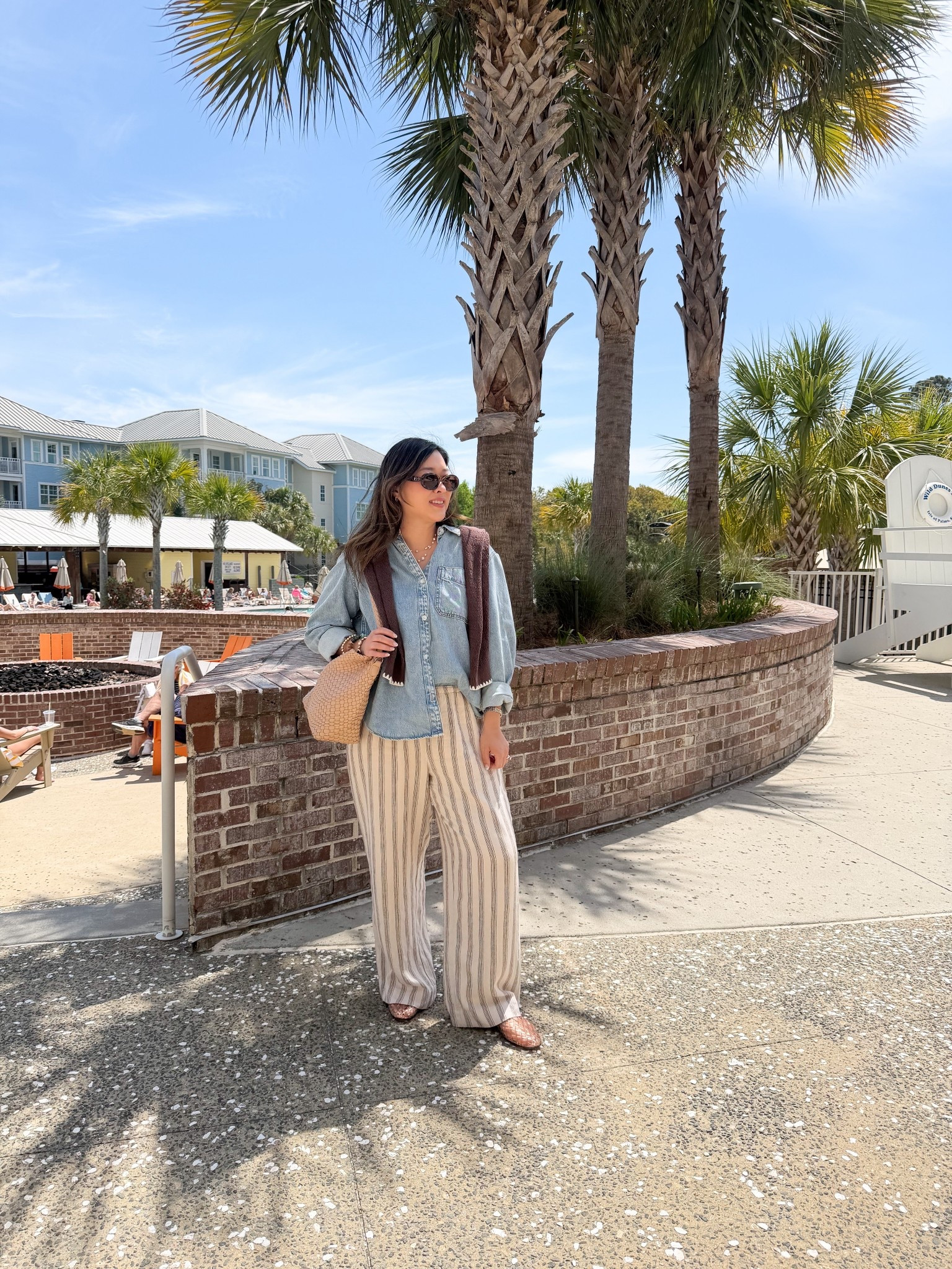 Spring Break outfit 
Denim button down: Medium
Linen Pants: Medium
Cardigan: Large