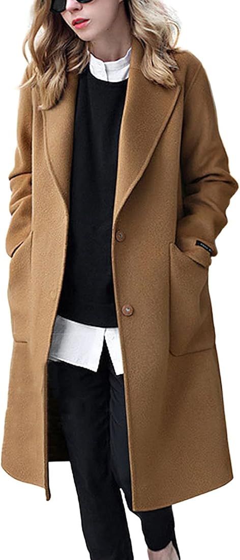 Women's Winter Hidden Single Breasted Long Wool Coat Formal Office Wool Overcoat | Amazon (US)
