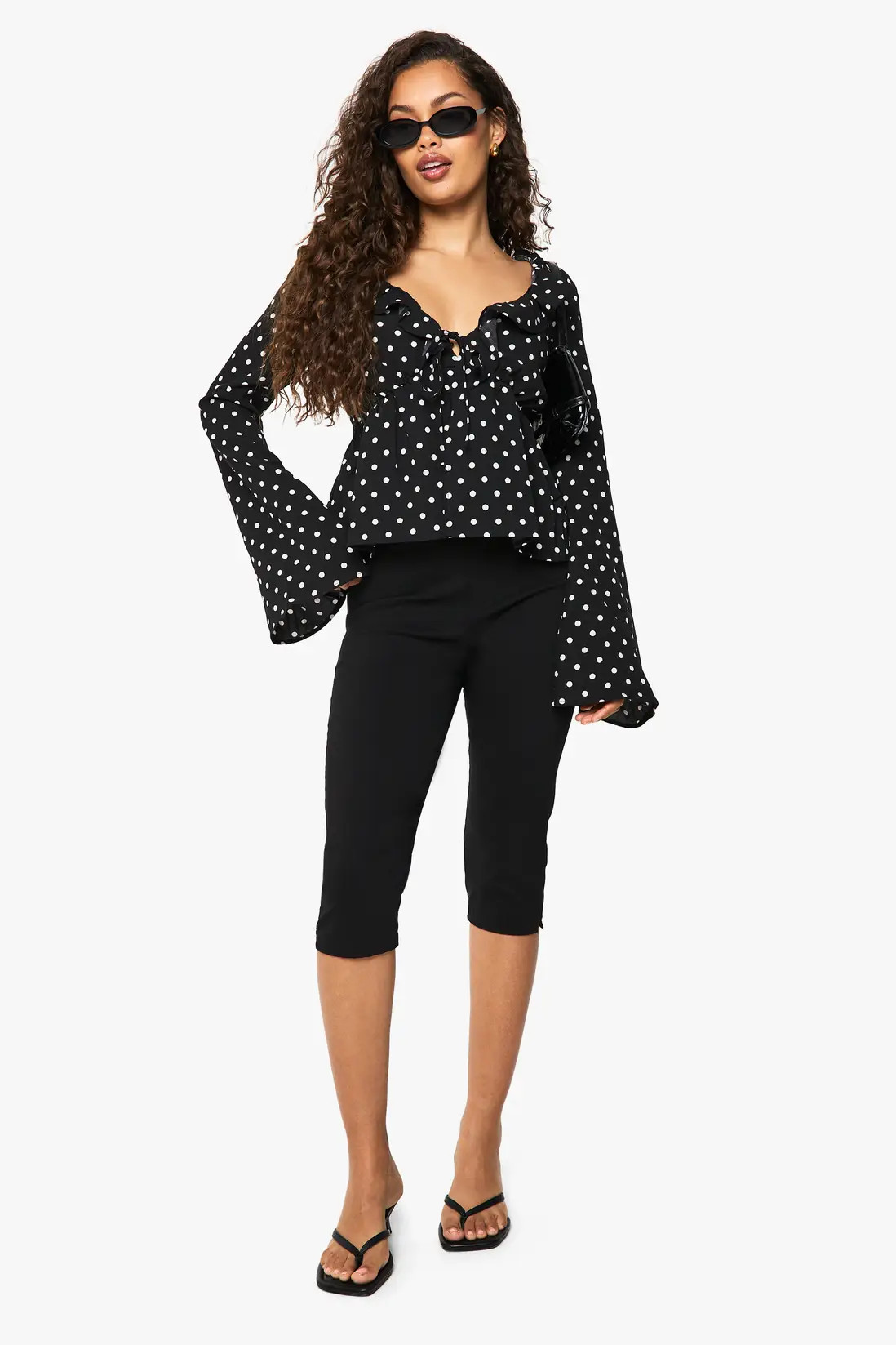 Black Woven Polka Dot Print Tie Front Top | Boohoo USA | boohoo (US & Canada)