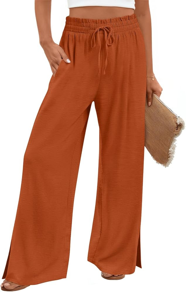 Womens Casual Pants Wide Leg High Waisted Adjustable Drawstring Trousers with Pockets Lightweight | Amazon (US)