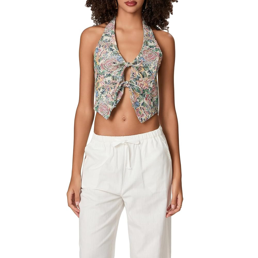 Women Y2k Tie Front Halter Tops Summer Floral Print Backless Shirts Sleeveless Vest Going Out Aes... | Amazon (US)