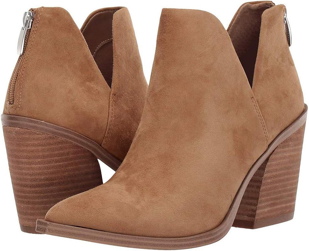 FISACE Womens Pointed Toe Stacked Mid Heel Ankle Boots V Cut Back Zipper Faux Leather Booties | Amazon (US)