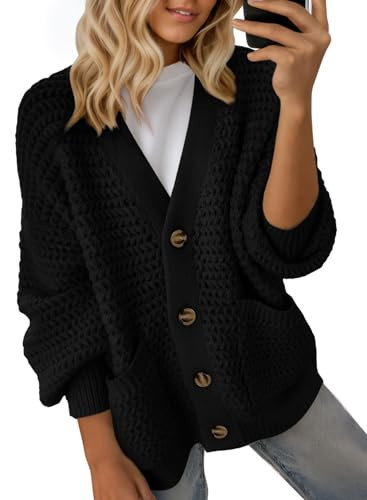 Dokotoo Black Cardigan Sweaters for Women 2025 Fashion Lightweight Casual Loose Fall Thick Long Sleeve Open Front Long Chunky Cable Knit Cardigan Sweater Winter Outerwear Coat Small | Amazon (US)