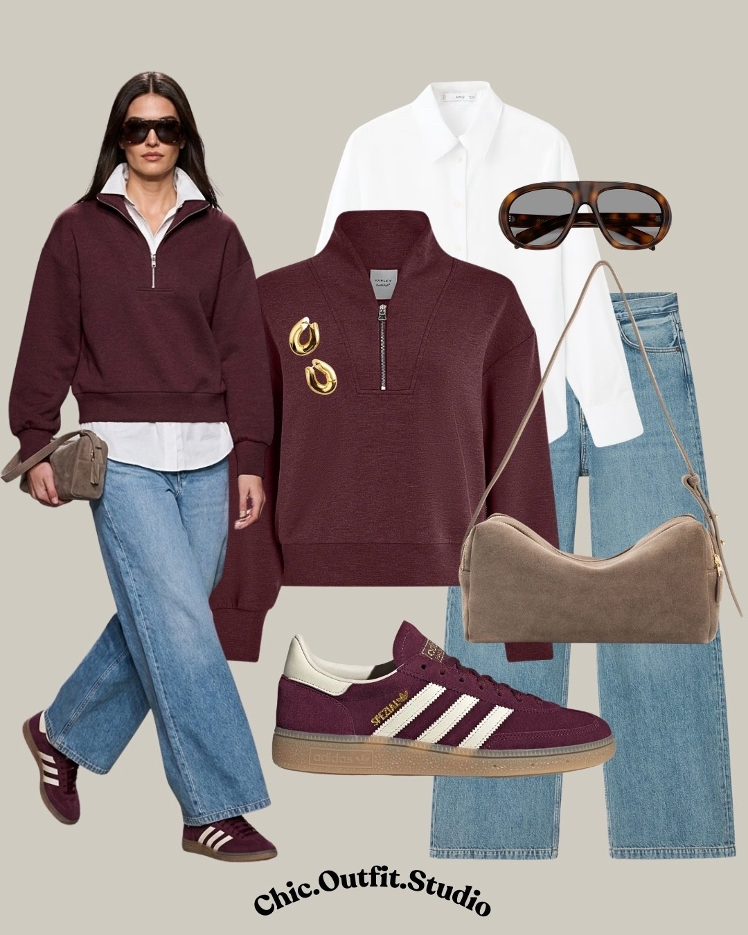 Burgundy Sweatshirt + Blue Jeans 
✨ A deep burgundy sweatshirt layered over a white shirt instantly elevates classic straight-leg denim. The tonal sneakers and soft neutral bag create a balanced smart-casual outfit ideal for travel days, casual Fridays, or lunch in the city.             
✨ Tags: burgundy sweatshirt outfit, straight leg jeans women, spring layering outfit, casual chic style, smart casual women, elevated sweatshirt look, everyday denim outfit, minimalist spring wardrobe

#LTKspringtrends #LTKspring #LTKstyletip