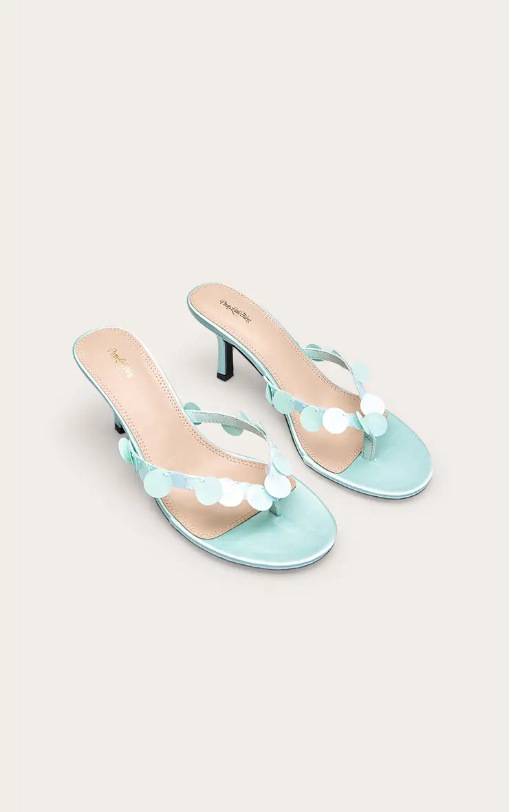 Aqua Sequin Toe Thong Heeled Mules | PrettyLittleThing | PrettyLittleThing UK