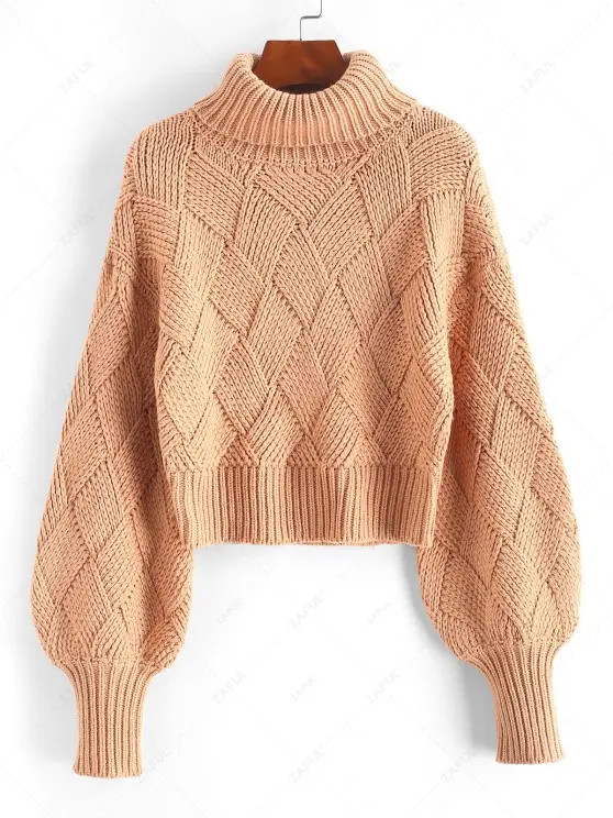 Turtleneck Bishop Sleeve Cropped Sweater   LIGHT ORANGE | ZAFUL (Global)