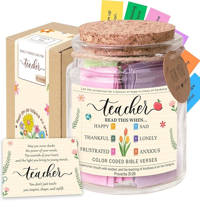 Bible Verse Jar for Teacher – 92 Color-Coded Scriptures, Christian Teacher Gift for Women, Enco... | Amazon (US)