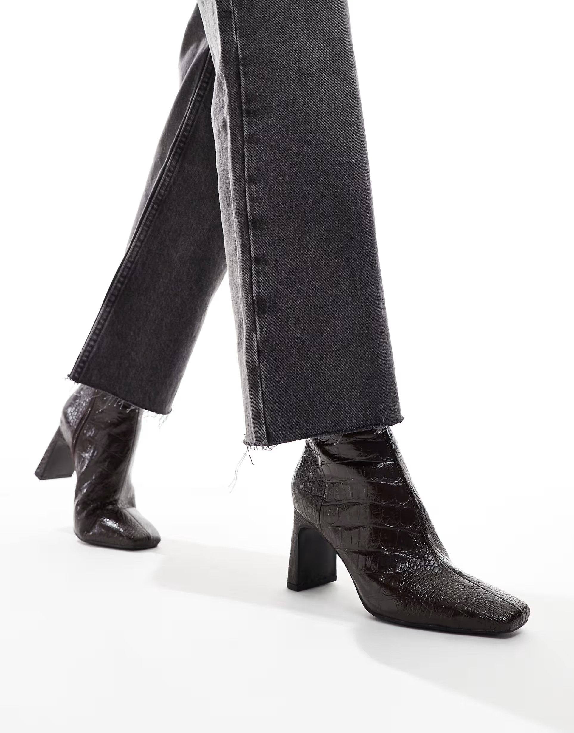 ASOS DESIGN Reach set back mid heel boots in brown croc | ASOS (Global)