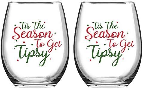 Set of 2 Tis the Season to Get Tipsy Christmas Stemless Wine Glass for Funny Christmas Holiday Gi... | Amazon (US)