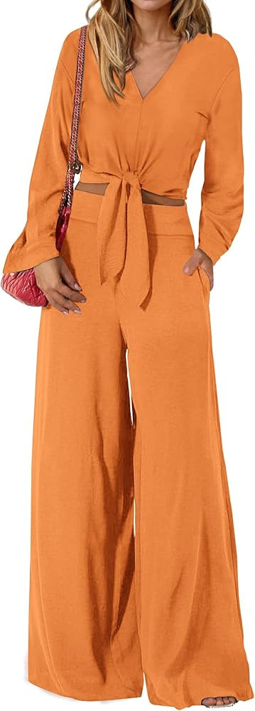 PRETTYGARDEN Women's 2 Piece Outfits 2025 Spring Casual V Neck Long Sleeve Strappy Crop Top Wide ... | Amazon (US)