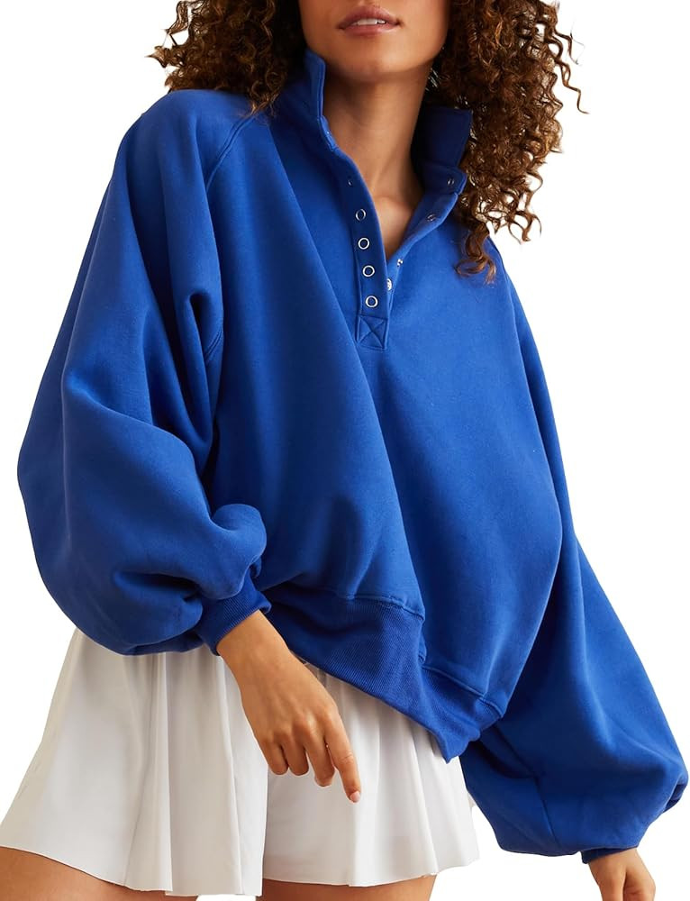 Women's Oversized Sweatshirt Casual Loose V Neck Lantern sleeve Snap Collared Cropped Pullover Tu... | Amazon (US)