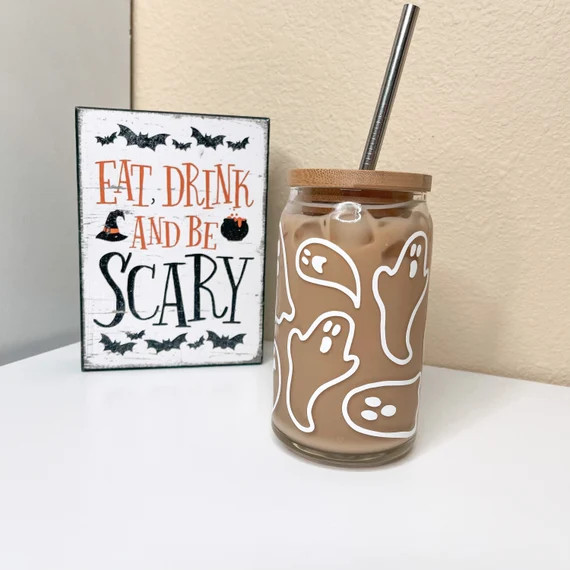 Halloween Glass, Spooky Season, Fall Beer Glass Can, Glass Coffee Cup, Glass Can, Iced Coffee Gla... | Etsy (US)