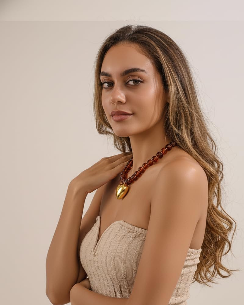 Puffy Gold Heart Necklaces For Women Chunky Beaded Necklace in Several Colorways Short Heart Chok... | Amazon (US)