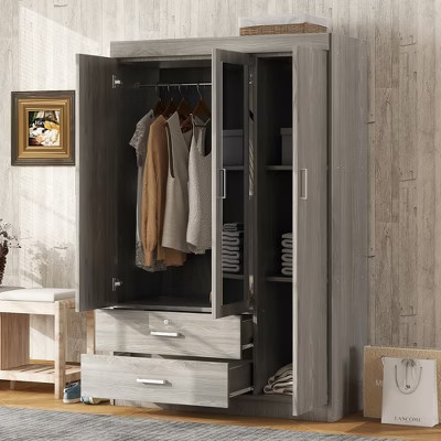 Whisen Wood 3-Door Wardrobe Armoire with Mirror, 2 Drawers, Storage Shelves and Hanging Rail - Gray | Target