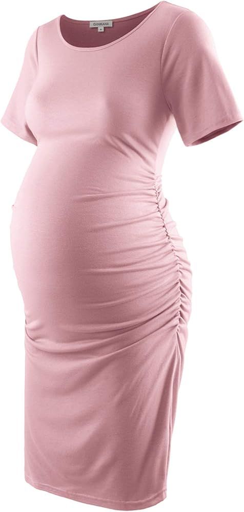 GINKANA Maternity Bodycon Dress Short Sleeve Ruched Sides Casual Pregnancy Clothes | Amazon (US)