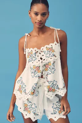 Farm Rio Grandma's Treasure Linen-Blend Sleeveless Eyelet Blouse | Anthropologie (US)