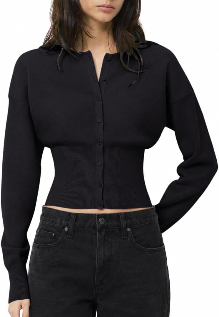 QINSEN Cardigan Sweaters for Women Button Up Crewneck Cinched Waist Top | Amazon (US)