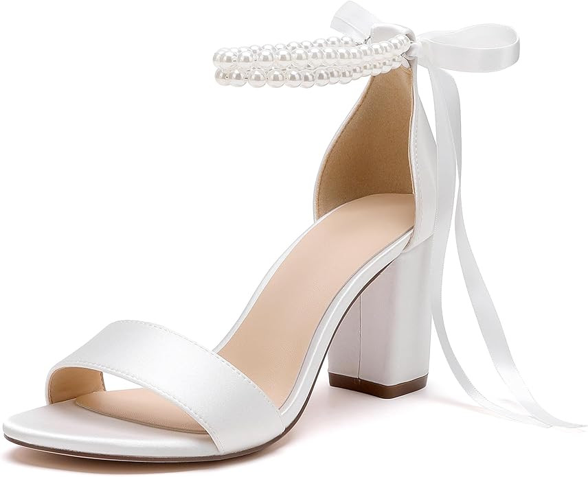 Women's Open Toe Pearl Wedding Shoes for Bride High Heels Sandals Satin Bridal Shoes Block Chunky... | Amazon (US)