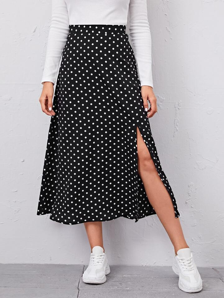 SHEIN Privé Polka Dot Split Side Skirt | SHEIN