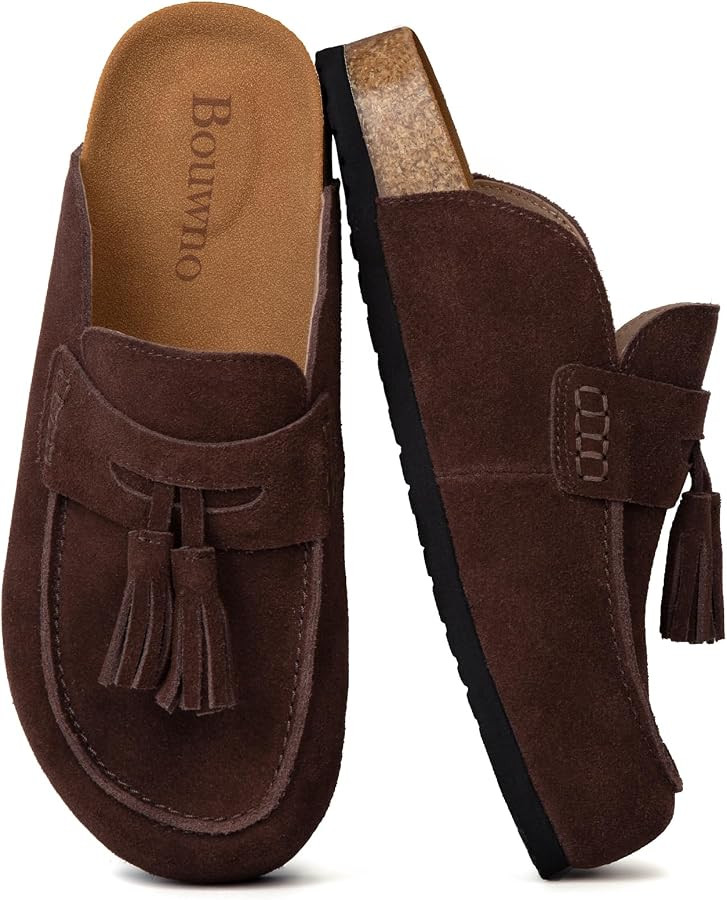 Suede Clogs for Women Genuine Leather Mules with Tassel Fringe Comfort Cork Footbed Women's Slip ... | Amazon (US)
