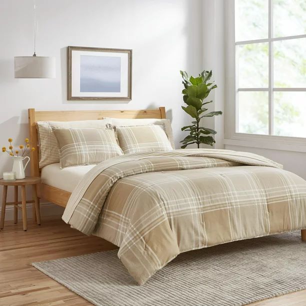 Gap Home Tonal Plaid Flannel Organic Cotton Comforter Set, King, Khaki, 3-Pieces - Walmart.com | Walmart (US)