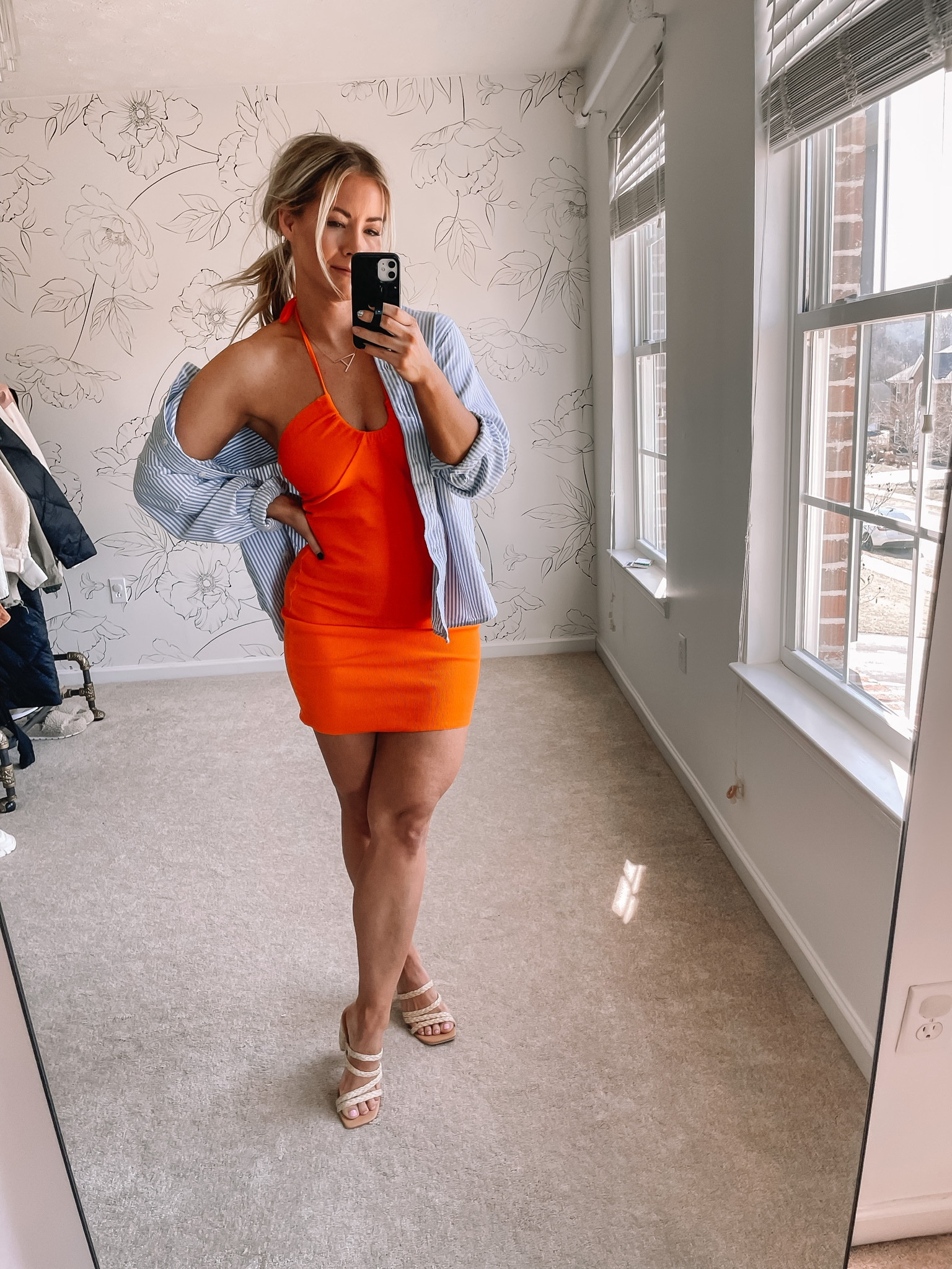 Orange halter tie neck summer dress, blue and white striped button up shirt 

#LTKunder50 #LTKSeasonal #LTKU