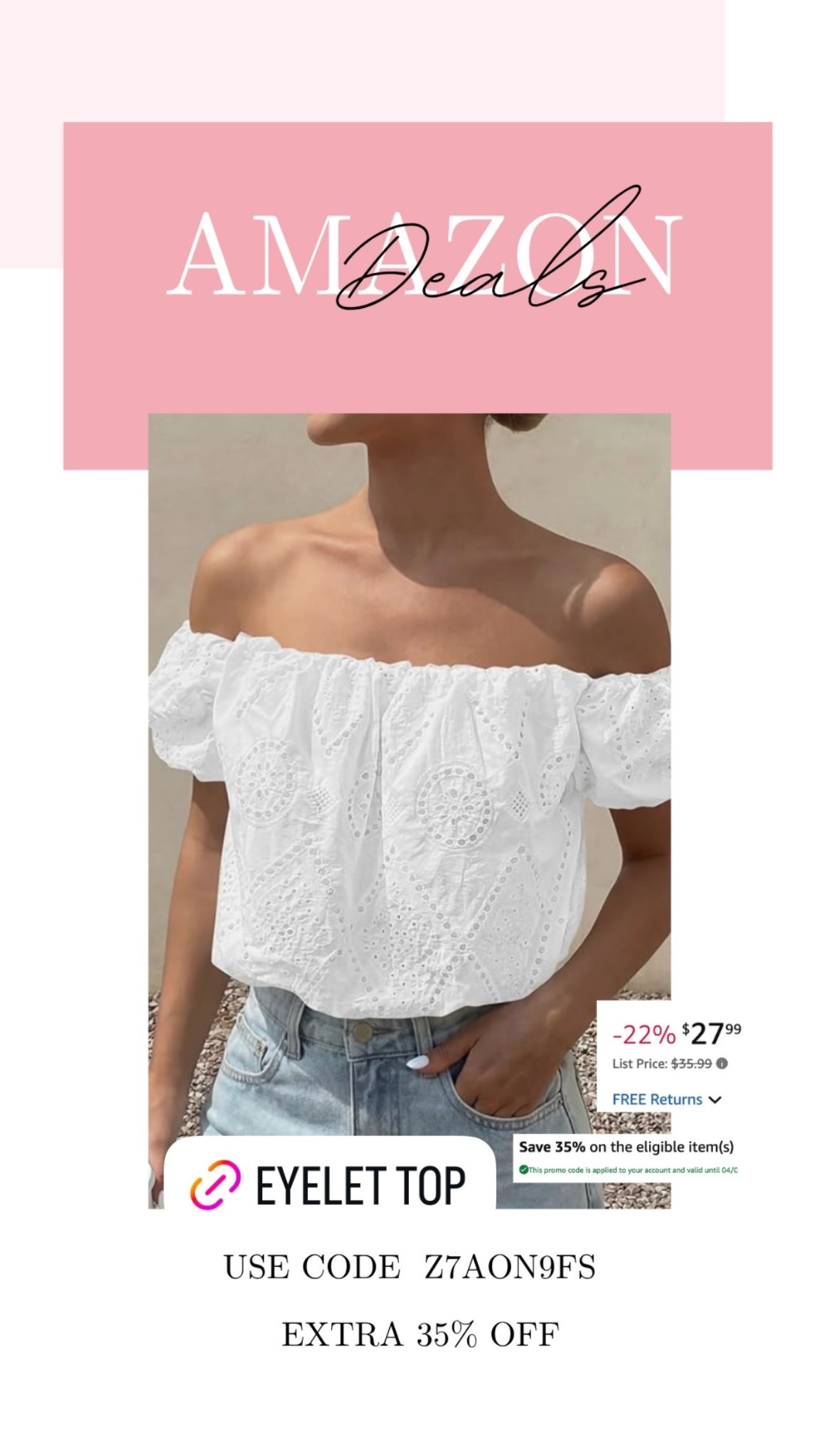Cute eyelet Off shoulder bubble jean blouse on deal! 

#LTKSeasonal #LTKMidsize #LTKSaleAlert