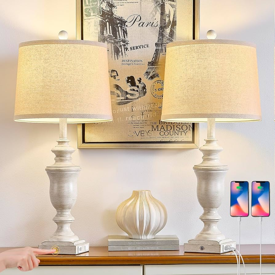 SAIWEYA 27.5" Set of 2 Farmhouse Table Lamps for Bedroom, 3 Way Dimmable Bedside Lamp with 2 USB ... | Amazon (US)