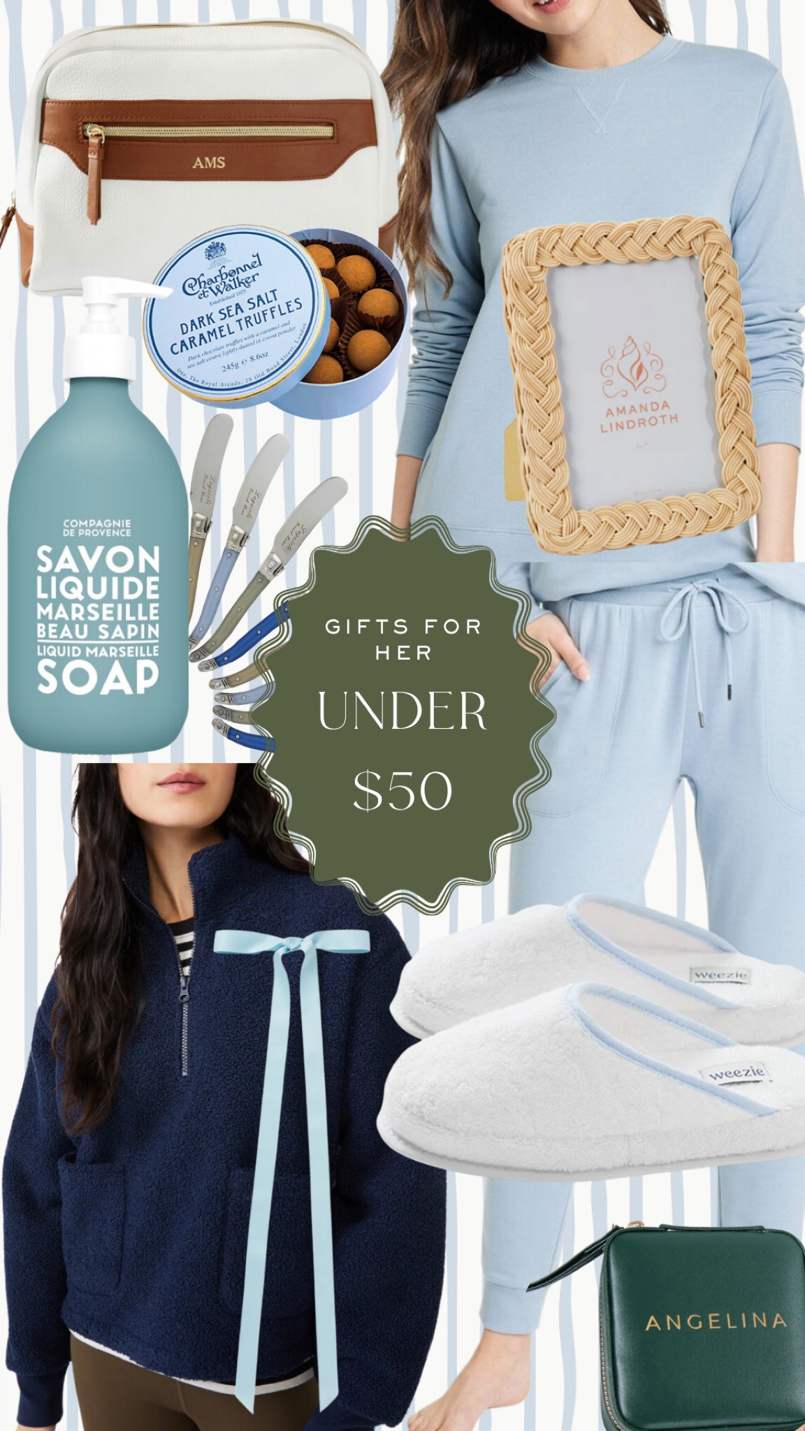 Gifts for her under $50. Some of my favorite gift ideas for women this holiday and Christmas season. 

Makeup bag, cosmetic case, affordable lounge set, Target find, braided picture frame, woven frame, treats, fancy hand soap, fleece pullover from Walmart, comfy slippers, spreading knife set, hair bow, travel jewelry case, affordable gift ideas, gift guide for mom, grandma, teen girl, friend, sister 

#LTKGiftGuide #LTKfindsunder100 #LTKfindsunder50