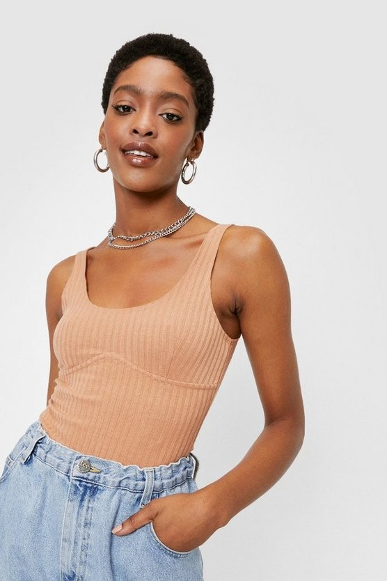 Scoop Neck Seam Detail Ribbed Bodysuit | Nasty Gal (US)