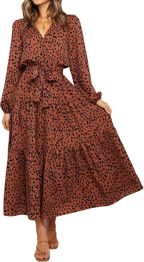 R.Vivimos Women's Fall Cotton Long Sleeves Irregular Polka Dot V Neck Casual Flowy Midi Dress | Amazon (US)