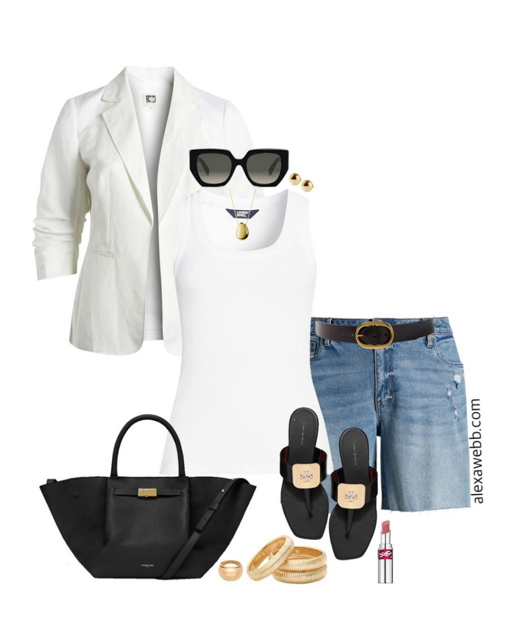 Plus Size White Linen Blazer Outfits - A cute plus size casual outfit for spring and summer with a plus size white linen blazer. Add denim shorts, black flat sandals, black sunglasses, and a black DeMellier tote. Alexa Webb #plussize

#LTKPlusSize #LTKOver40 #LTKStyleTip