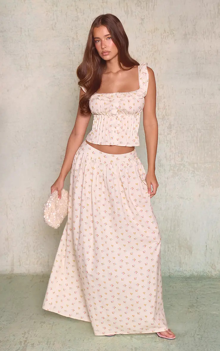 Cream Ditsy Print Cotton Pleated Maxi Skirt | PrettyLittleThing US