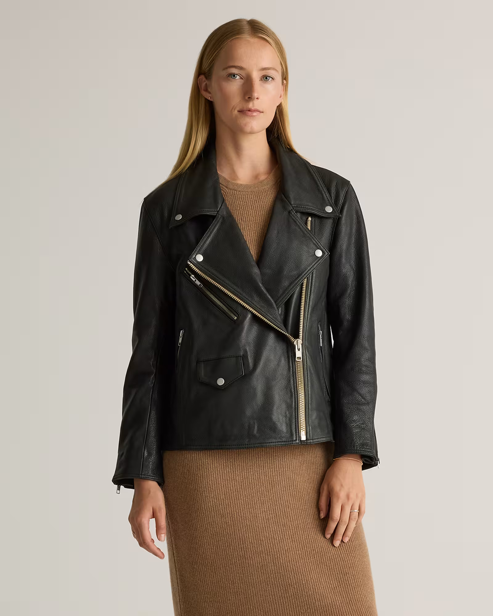 100% Leather Oversized Biker Jacket in Black | Quince