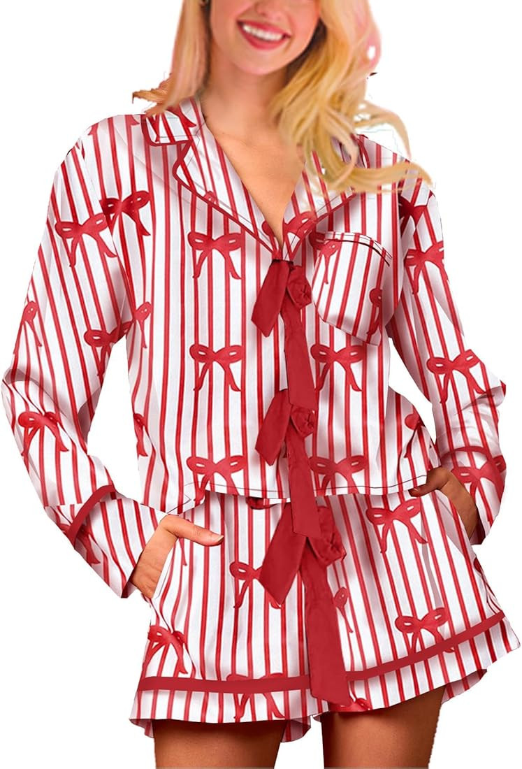 Womens Valentine Pajamas Heart Print Button Down Shirt and Ruffle Shorts Cute Silk Bow Tie 2 Piec... | Amazon (US)