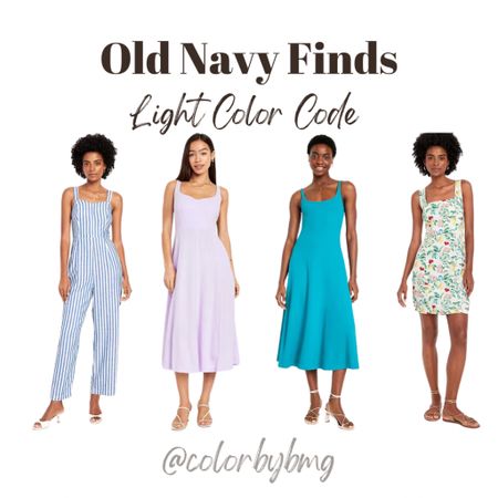 Light Color Code dresses & a jumpsuit found at Old Navy

Get the colors pictured. 

Light spring 
Light summer 