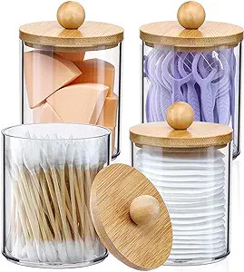 4 Pack Qtip Holder Dispenser with Bamboo Lids - 10 oz Clear Plastic Apothecary Jar Containers for... | Amazon (US)