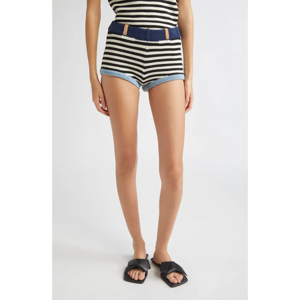 YanYan Bao Colorblock Stripe Cotton Booty Shorts in Black/White at Nordstrom, Size Large | Nordstrom