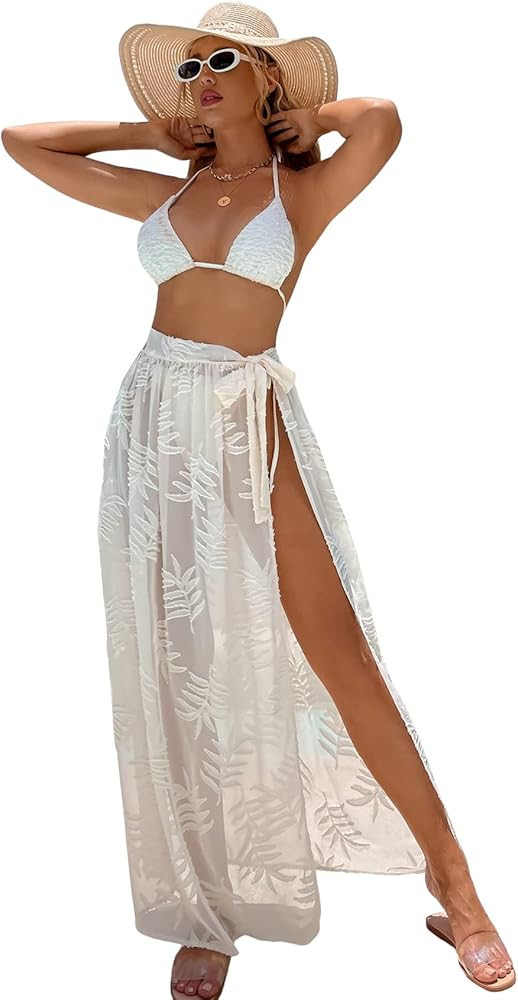 MakeMeChic Women's Leaf Print Wrap Mesh Cover Up Maxi Chiffon Beach Skirt | Amazon (US)